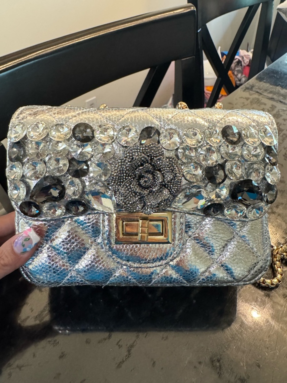 Embellished Metallic Silver Quilted Crossbody Bag